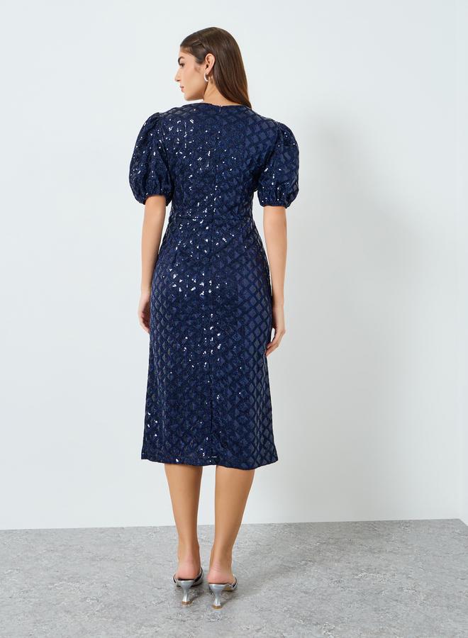 Styli Women Navy Blue Sequin Short Sleeves Sheath Midi Dress - Image 3